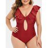 Maillot de Bain Plissé sans Dos de Grande Taille à Volants Une-Pièce - Rouge Vineux L