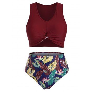 Women Twist Hem Flamingo Leaves Print Plus Size Tankini Swimsuit Swimsuit Beachwear L Red wine