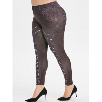 

Plus Size 3D Lace Up Zip Print High Rise Jeggings, Black