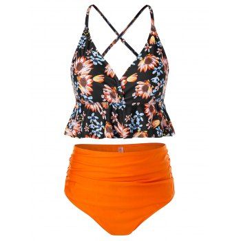 

Plus Size Floral Print Flounce High Waist Tankini Swimsuit, Black