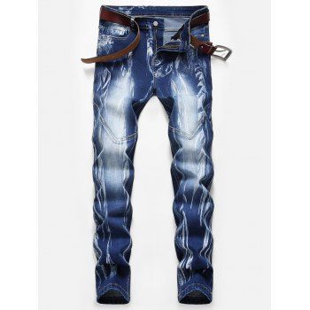 

Stitching Design Print Zip Fly Jeans, Denim dark blue