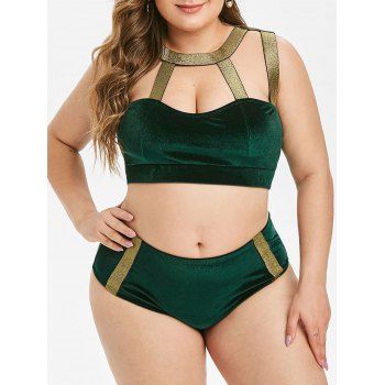 

Metallic Glittery Velvet Cut Out Plus Size Tankini Swimsuit, Dark green