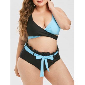 

Colorblock Criss Cross Tie Waist Ruffles Plus Size Bikini Swimsuit, Black