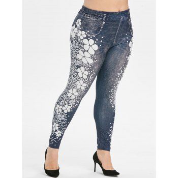 

Plus Size Floral Polka Dot High Rise 3D Jeggings, Dark slate grey