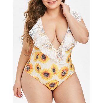 

Lace Flounces Sunflower Laddering Cut Out Plus Size Swimsuit, Yellow