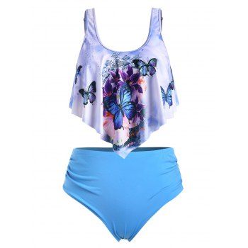 

Plus Size Butterfly Print High Waist Tankini Swimsuit, Crystal blue