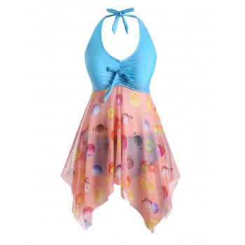 

Plus Size Halter Planet Print Handkerchief Tankini Swimsuit, Deep sky blue