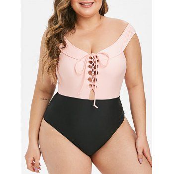 

Plus Size Off The Shoulder Lace Up One-piece Swimsuit, Pink