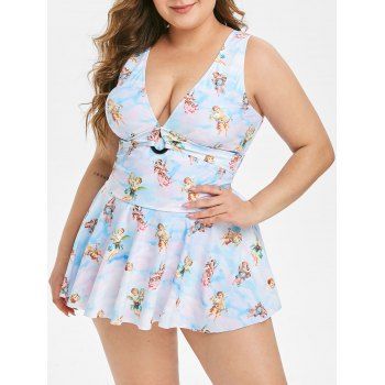

Plus Size Angel Tie Dye O Ring Embellished Skirt Swimwear, Crystal blue