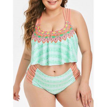 

Geo Print Lattice Flounce Plus Size Tankini Swimsuit, Green