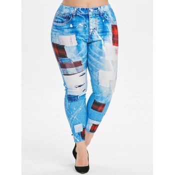 

3D Plaid Panel High Waisted Pull On Plus Size Jeggings, Denim blue
