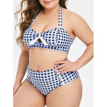 

Plaid Buttoned Vintage Halter Plus Size Bikini Swimsuit, Blue