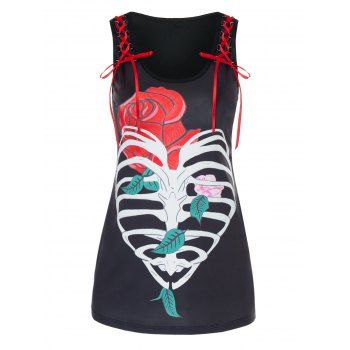 

Valentine Skeleton Heart Flower Print Lace-up Tank Top, Black