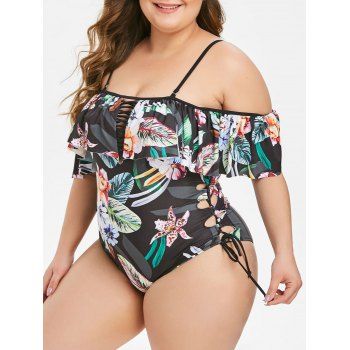 

Floral Leaf Flounce Side Lace-up Lattice Plus Size One-piece Swimsuit, Black