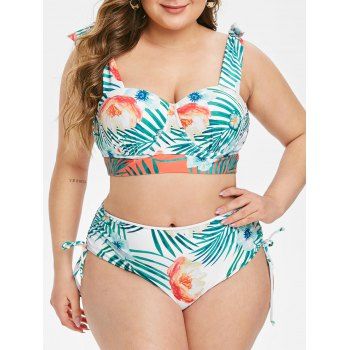 

Floral Leaf Cinched Underwire Plus Size High Waisted Bikini Swimsuit, Multicolor