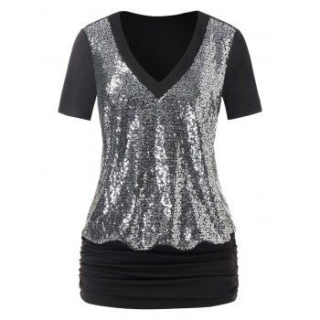 

Plus Size Sequins Ruched Blouson T Shirt, Black