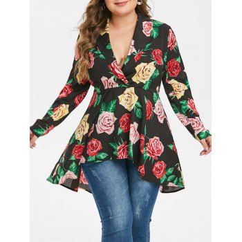 

Plus Size Plunging Neck Floral Print High Low Blouse, Black