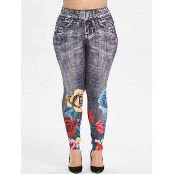 

Plus Size High Rise Floral Print 3D Jeggings, Battleship gray