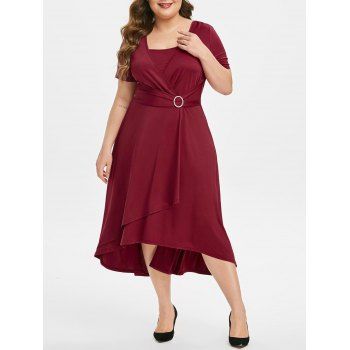 

Plus Size High Rise Overlap Midi Short Sleeve Dress, Red wine