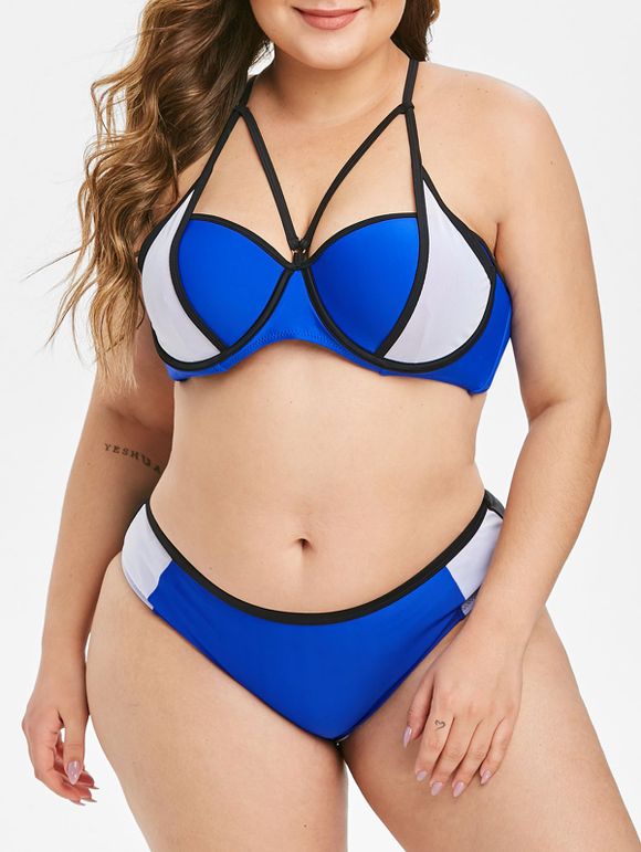 Maillot de Bain Bikini Superposé à Bretelle en Maille de Grande Taille à Armature - Bleu 2X