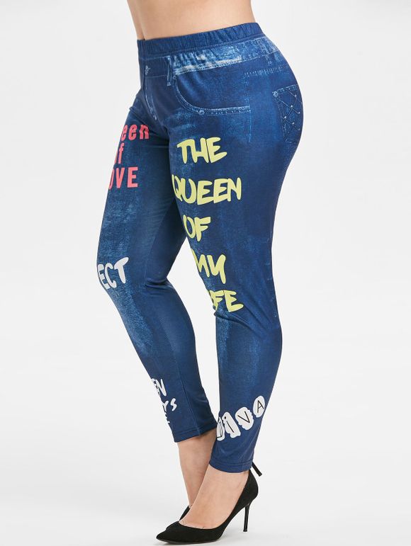 Legging 3D Slogan Imprimé Graphique de Grande Taille - Bleu Foncé Toile de Jean 5X