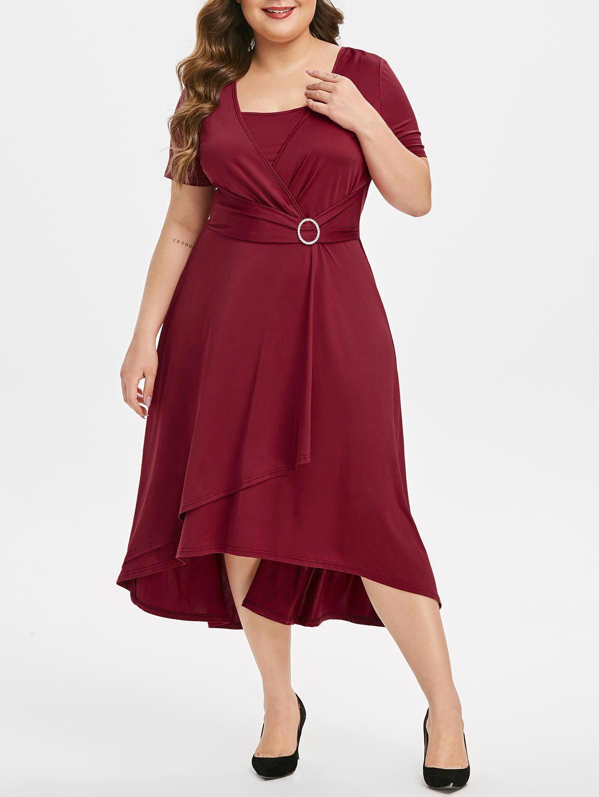 Plus Size High Rise Overlap Midi Short Sleeve Dress - RED WINE L