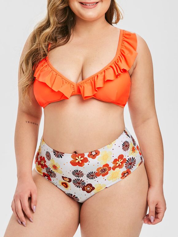 Maillot de Bain Bikini Fleuri de Grande Taille à Volants - Orange 4X
