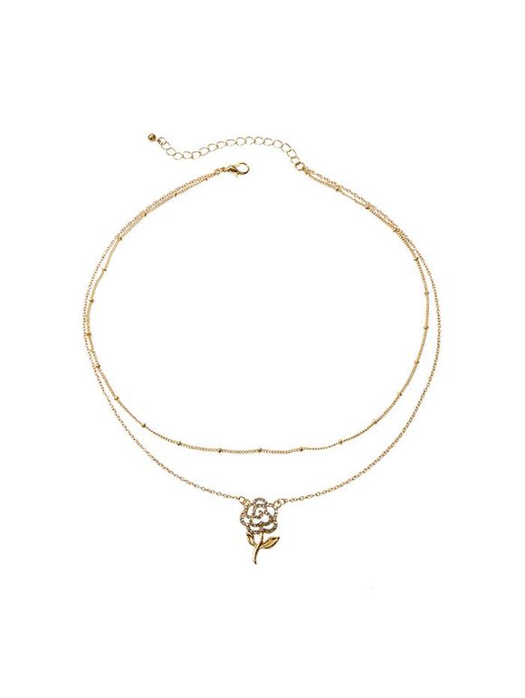 Collier Superposé Fleur Rose Pendant avec Strass - Or 
