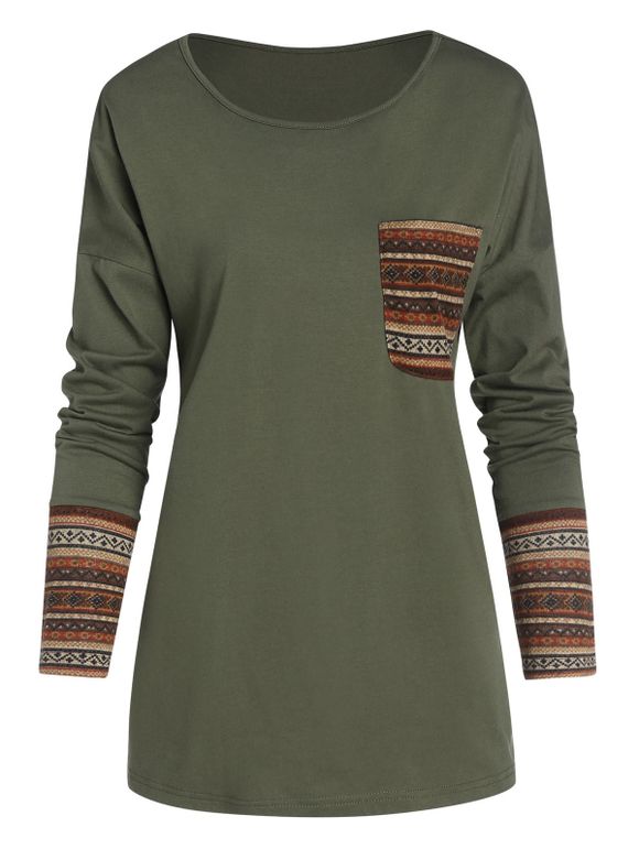T-shirt Tribal Imprimé à Goutte Epaule avec Poche - Vert Camouflage XL