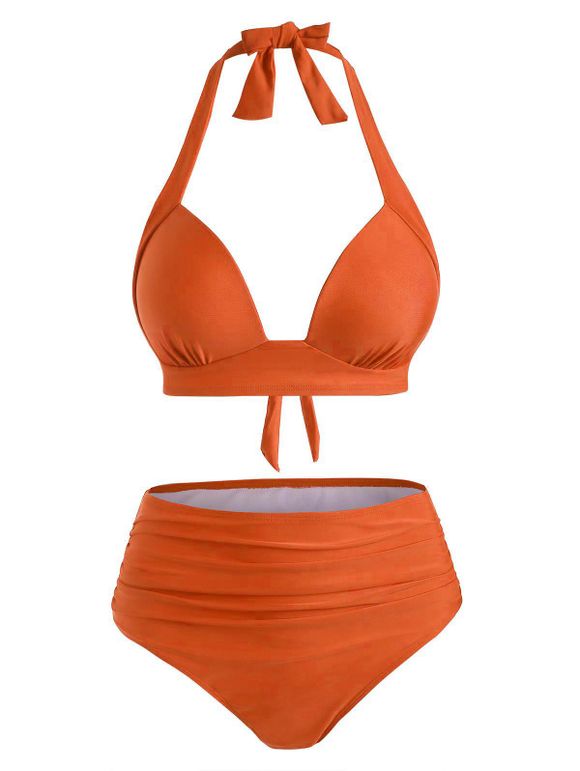 Maillot de Bain Bikini Plissé à Taille Haute - Orange 3XL