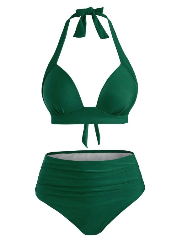 Maillot de Bain Bikini Plissé à Taille Haute - Vert Forêt Moyen XL