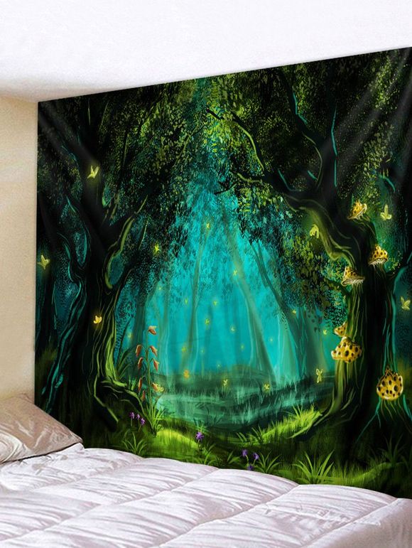 Tapisserie Murale Pendante Art Décoration Forêt Papillon et Nuit Imprimés - Turquoise Foncée W59 X L79 INCH