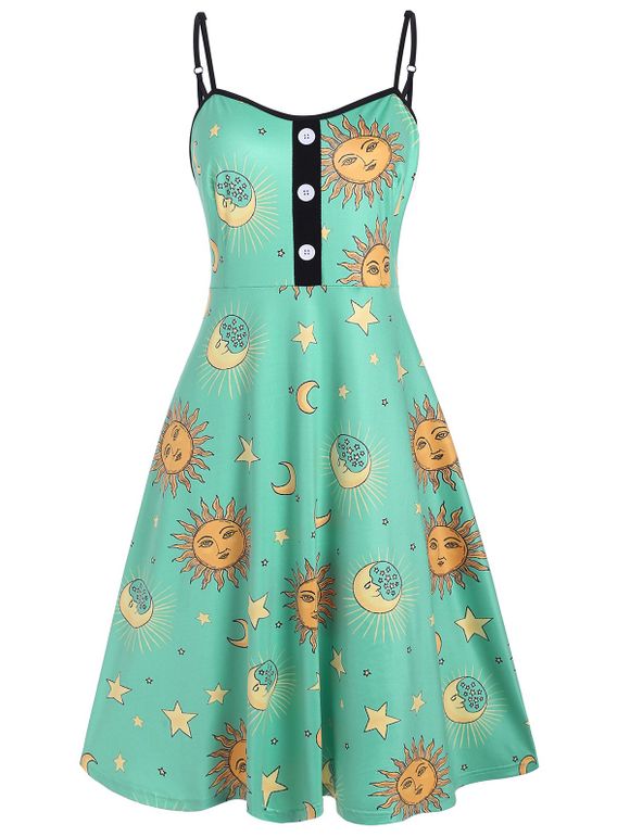 Star Sun And Moon Mock Buttons Plus Size Cami Dress - GREEN 4X