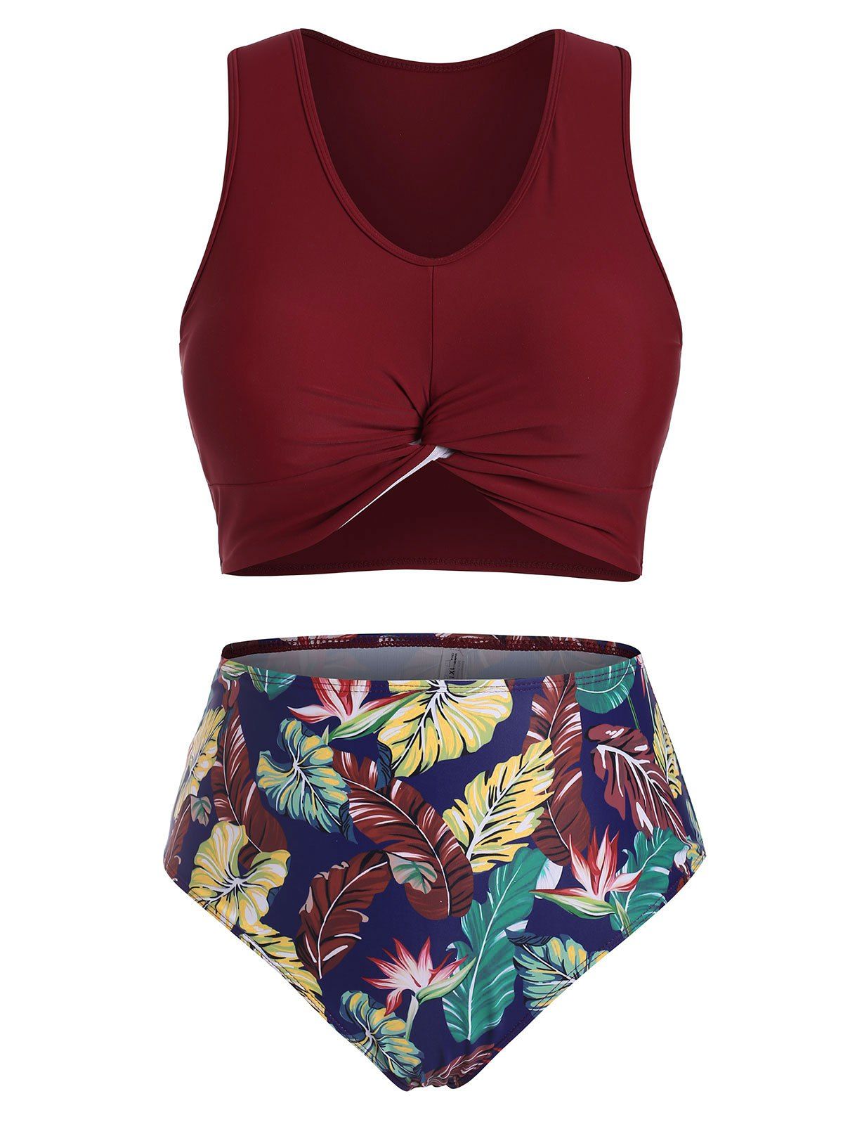 Twist Hem Flamingo Leaves Print Plus Size Tankini Swimsuit - RED WINE 4X