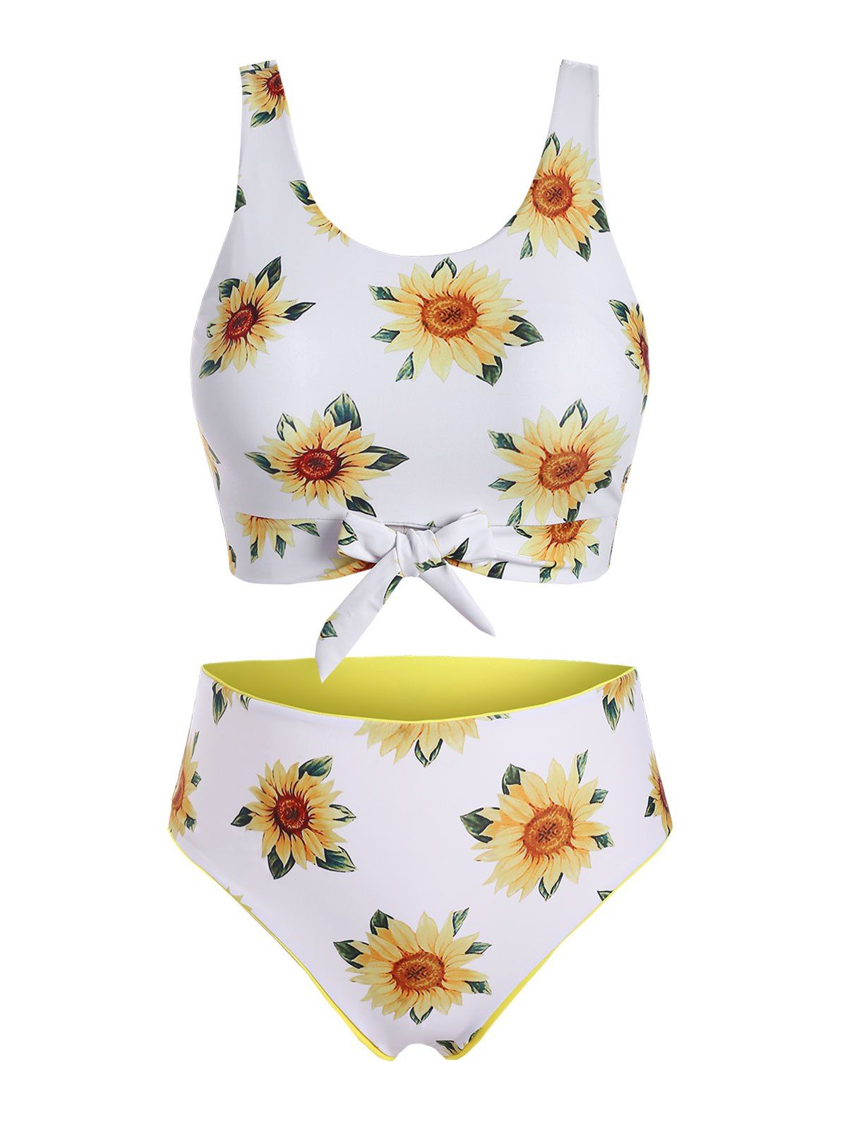 31 Off 2020 Plus Size Sunflower Print Front Tie Reversible Bikini Swimsuit In Yellow Dresslily 