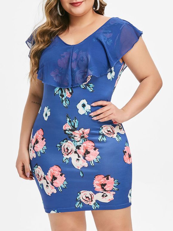 Robe Moulante en Mousseline Florale Grande Taille - Bleu M