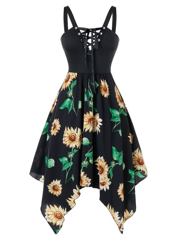 Plus Size Asymmetric Handkerchief Sunflower Lace Up Dress - BLACK L