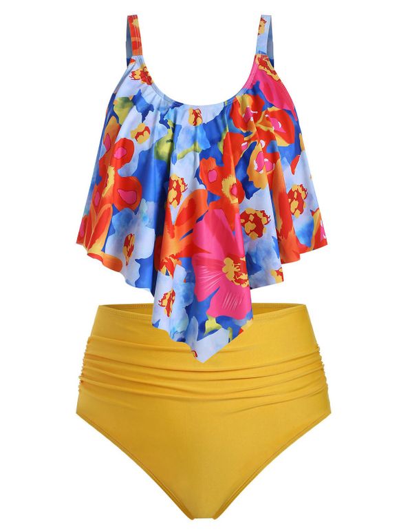 Plus Size Floral Print Overlay Ruched Tankini Swimsuit - YELLOW 1X