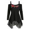T-shirt Ourlet en Dentelle Brodé à Epaule Ouverte de Grande Taille - Noir 5X