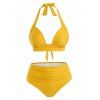 Maillot de Bain Bikini Plissé à Taille Haute - Jaune L