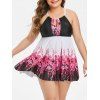 Maillot de Bain Tankini Croisé Fleuri Imprimé de Grande Taille - Rouge Violet 2X