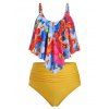 Maillot de Bain Tankini Superposé Fleuri Imprimé de Grande Taille à Volants - Jaune L