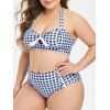 Maillot de Bain Bikini Vintage Boutonné à Carreaux de Grande Taille à Col Halter - Bleu 2X