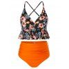 Maillot de Bain Tankini Fleuri Imprimé à Taille Haute de Grande Taille à Volants - Noir 4X