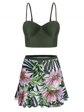 Floral Leaf Push Up Ruched Skirted Tankini Swimsuit