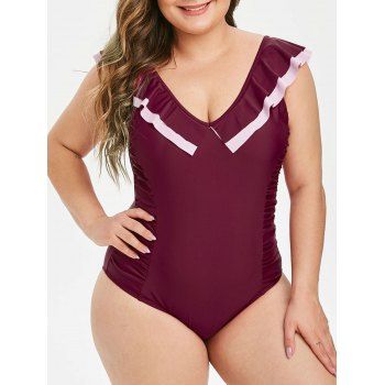 

Plus Size Plunge Ruched Backless One-piece Swimsuit, Red wine