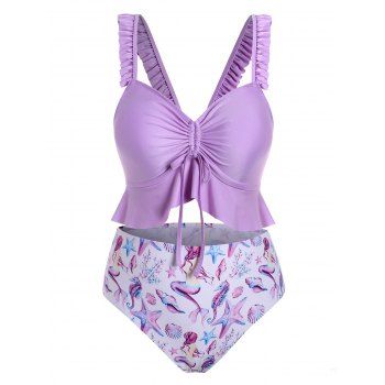 

Plus Size Cinched Flounce Sea World Print Tankini Swimsuit, Mauve