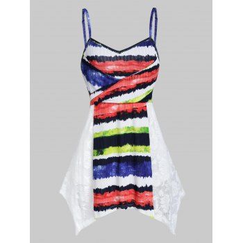 Colorful Striped Print Lace Insert Handkerchief Cami Top, White