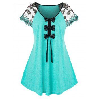 

Plus Size Embroidered Sleeve Bowknot T Shirt, Medium turquoise