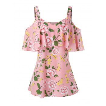 

Plus Size Floral Printed Cold Shoulder Flounce Blouse, Light pink